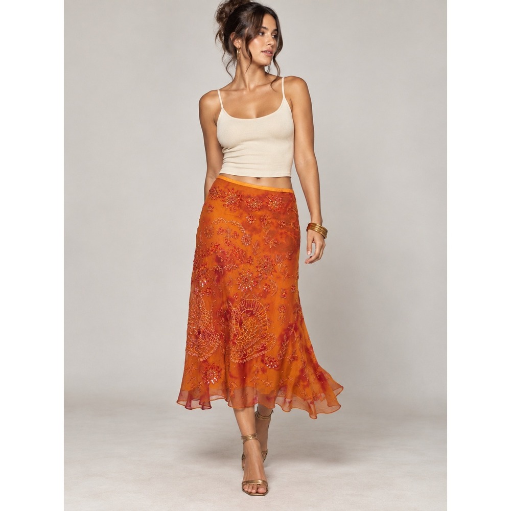 Aftershock Orange Silk Beaded Embroidered Midi Skirt M Y2K Boho Fairy Whimsigoth